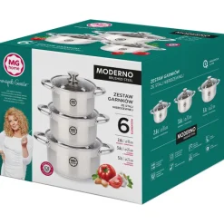 Garnki stalowe szczotkowane MG Home Moderno 6 el zestaw 3 garnków z pokrywkami na indukcję