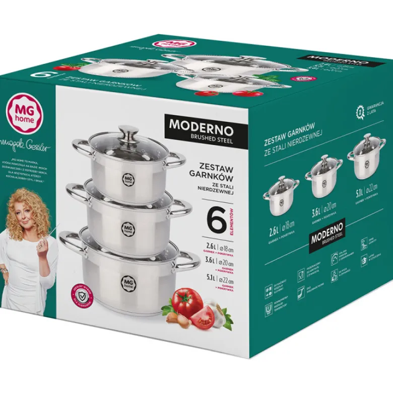Garnki stalowe szczotkowane MG Home Moderno 6 el zestaw 3 garnków z pokrywkami na indukcję