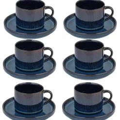 Komplet 6 filiżanek ze spodkami porcelanowe Florina Evia Blue 250 ml do kawy herbaty zestaw niebieskie modern