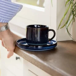 Komplet 6 filiżanek ze spodkami porcelanowe Florina Evia Blue 250 ml do kawy herbaty zestaw niebieskie modern