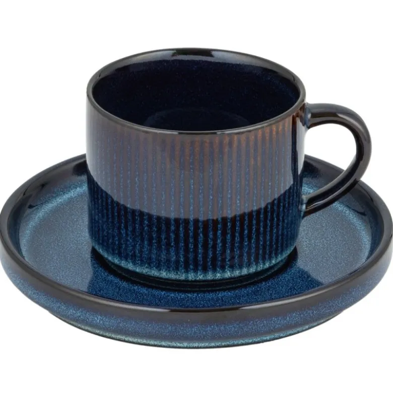 Komplet 6 filiżanek ze spodkami porcelanowe Florina Evia Blue 250 ml do kawy herbaty zestaw niebieskie modern