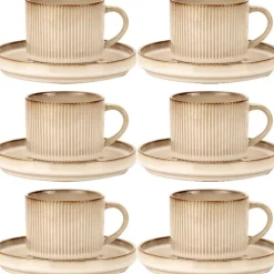 Komplet 6 filiżanek ze spodkami porcelanowych GierekHoff Evie 250 ml do kawy herbaty zestaw kremowe retro