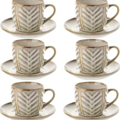Komplet 6 filiżanek ze spodkami porcelanowych Florina Lehti 250 ml do kawy herbaty zestaw beżowe