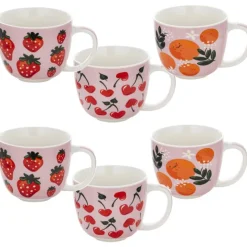Kubki porcelanowe Florina Owocówki 400 ml zestaw 6 kubków białe wzór owoce