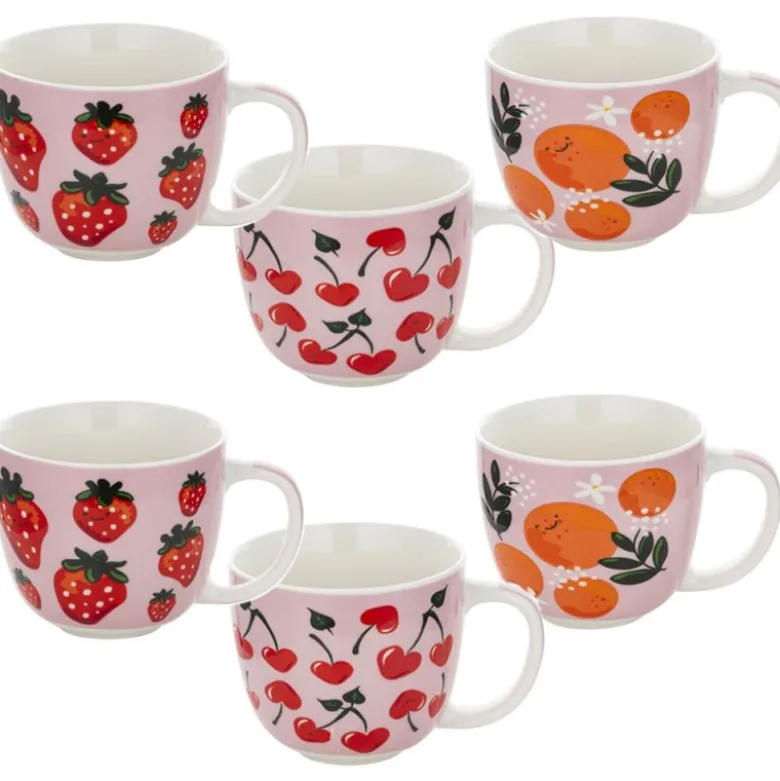Kubki porcelanowe Florina Owocówki 400 ml zestaw 6 kubków białe wzór owoce