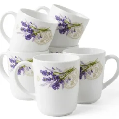 Kubki szklane 320 ml komplet 6 kubków Esmene Lavander białe wzór lawenda