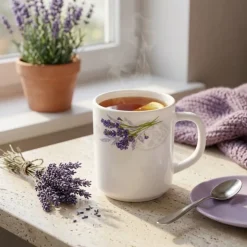 Kubki szklane 320 ml komplet 6 kubków Esmene Lavander białe wzór lawenda