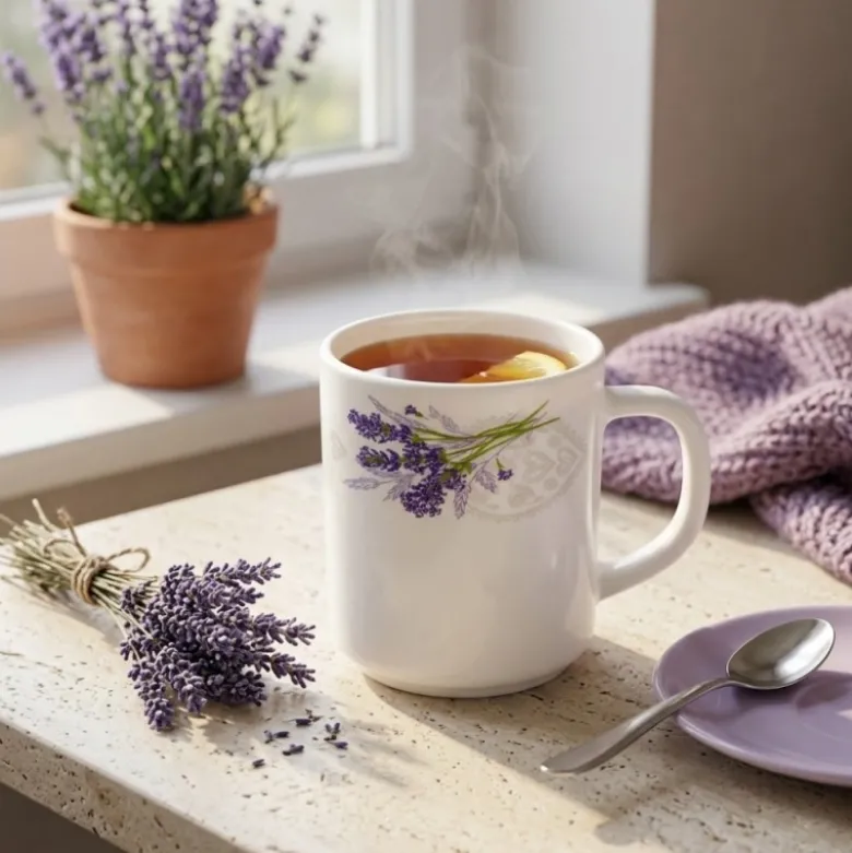 Kubki szklane 320 ml komplet 6 kubków Esmene Lavander białe wzór lawenda