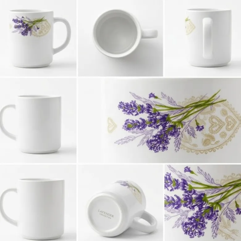 Kubki szklane 320 ml komplet 6 kubków Esmene Lavander białe wzór lawenda