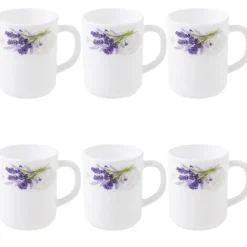 Kubki szklane 320 ml komplet 6 kubków Esmene Lavander białe wzór lawenda