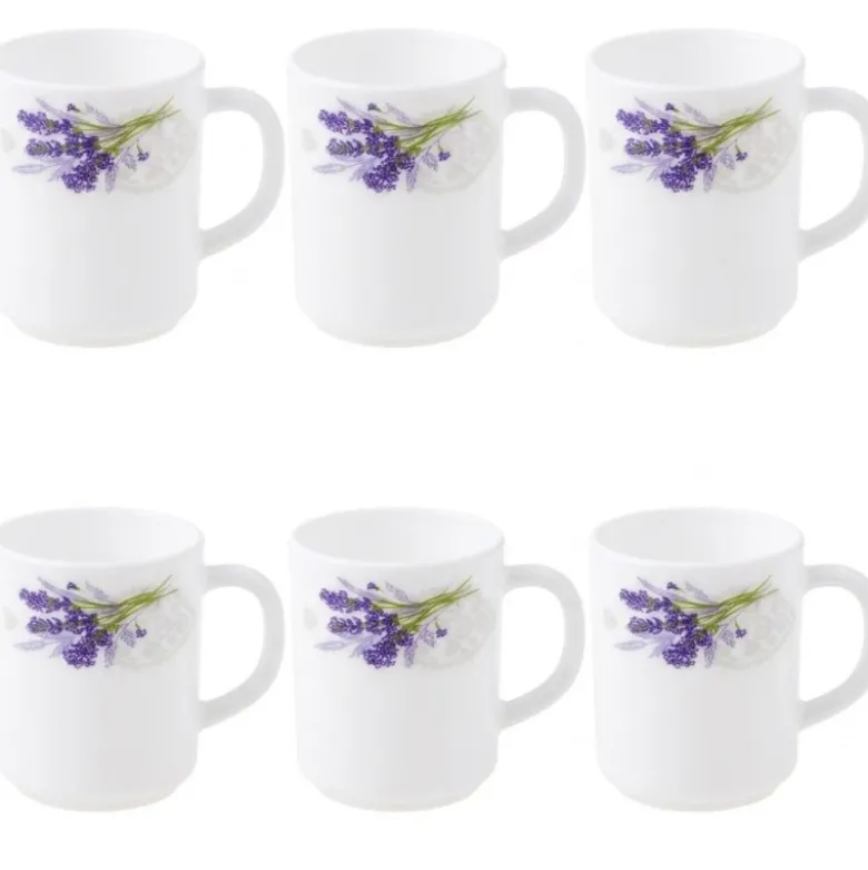 Kubki szklane 320 ml komplet 6 kubków Esmene Lavander białe wzór lawenda