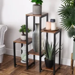 Kwietnik metalowy 80 cm czarny 6-poziomowy stojak na kwiaty i dekoracje Vilde drewno metal