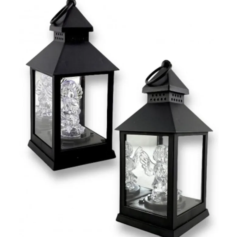 Lampion dekoracyjny z aniołkiem 10x10x26 cm latarenka mała czarna znicz Cortina