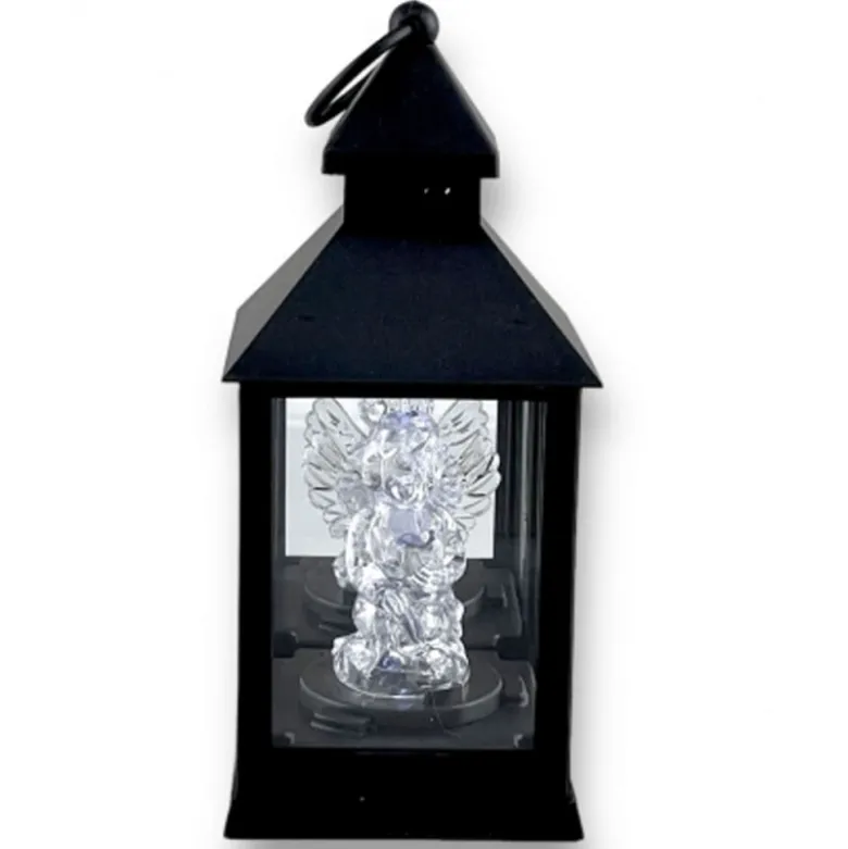 Lampion dekoracyjny z aniołkiem 10x10x26 cm latarenka mała czarna znicz Cortina