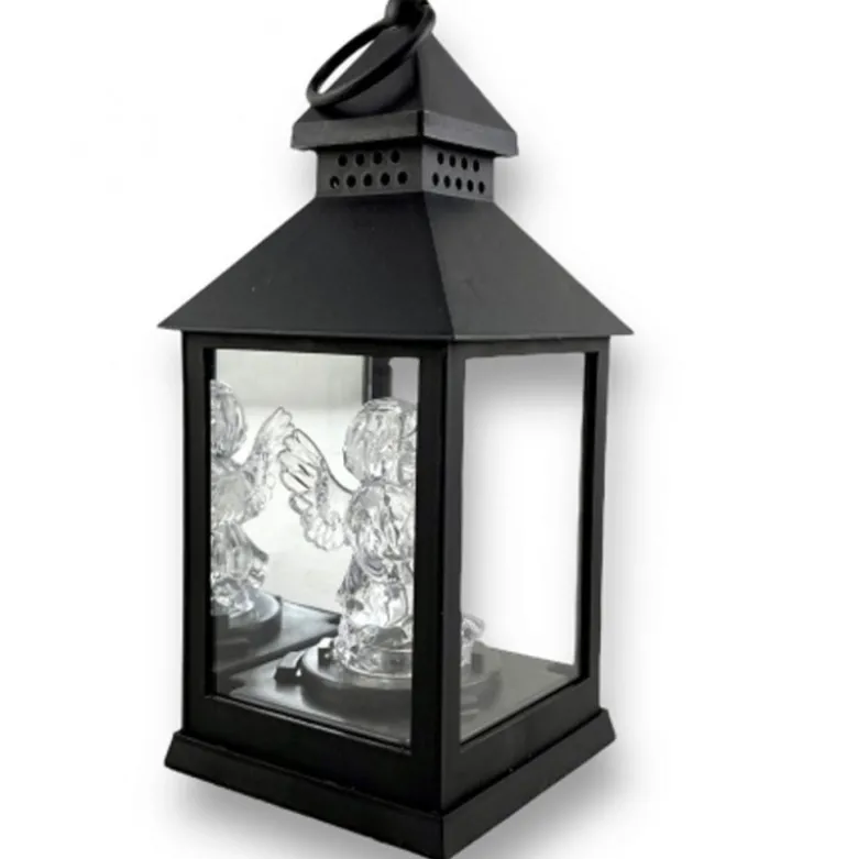 Lampion dekoracyjny z aniołkiem 10x10x26 cm latarenka mała czarna znicz Cortina