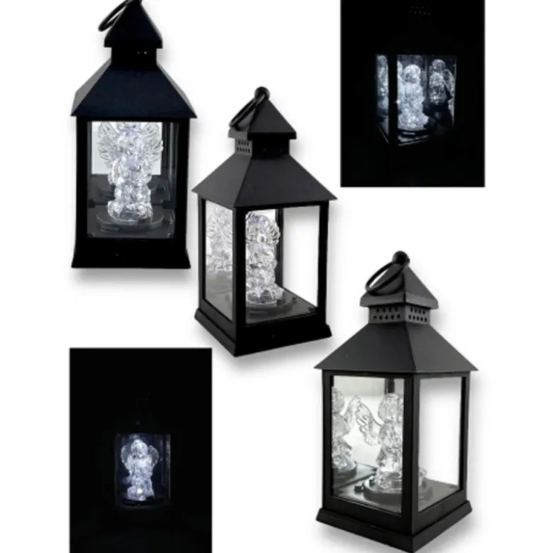 Lampion dekoracyjny z aniołkiem 10x10x26 cm latarenka mała czarna znicz Cortina