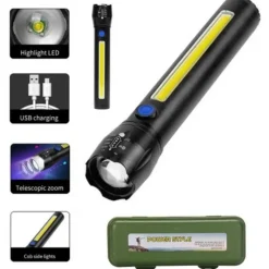 Latarka taktyczna LED ładowanie USB latarka w pudełku A 3611 COB ZOOM T6