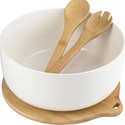 Misa do sałaty biała porcelanowa z zestawem stalowych łyżek z drewnianymi uchwytami i postawką Florina Adria