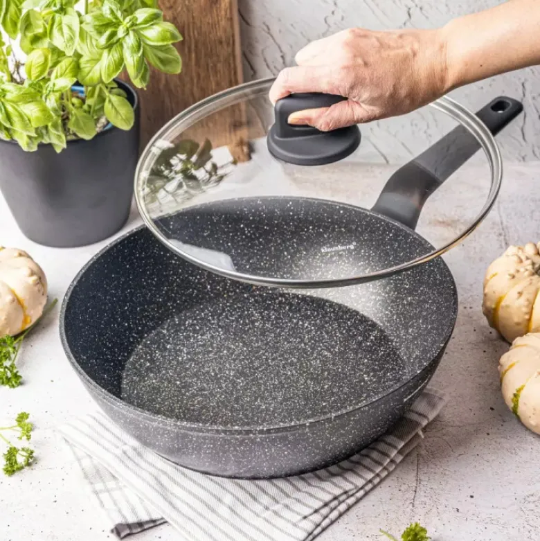 Patelnia głęboka marmurowa pokrywką duża 28 cm Klausberg KB 7667 czarny marmurek