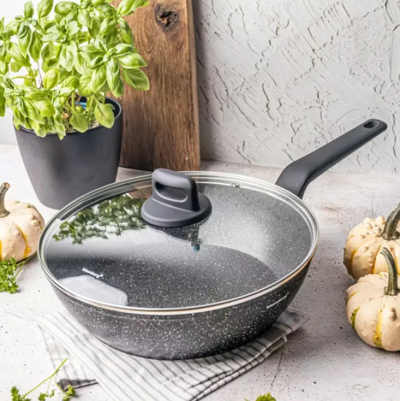 Patelnia głęboka marmurowa pokrywką duża 28 cm Klausberg KB 7667 czarny marmurek