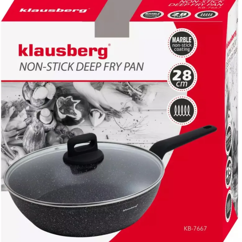 Patelnia głęboka marmurowa pokrywką duża 28 cm Klausberg KB 7667 czarny marmurek