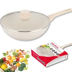 Patelnia WOK 28 cm z pokrywką i powłoką marmurową nieprzywierająca kremowa indukcja gaz Klausberg