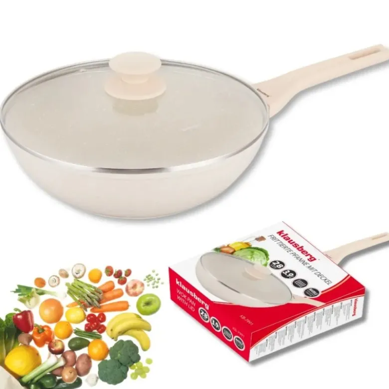 Patelnia WOK 28 cm z pokrywką i powłoką marmurową nieprzywierająca kremowa indukcja gaz Klausberg