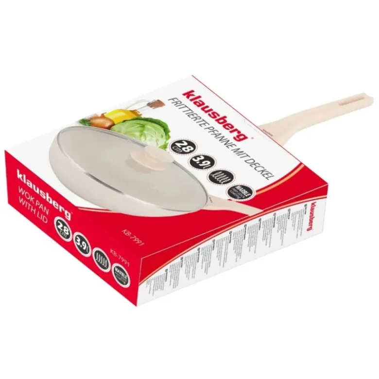Patelnia WOK 28 cm z pokrywką i powłoką marmurową nieprzywierająca kremowa indukcja gaz Klausberg