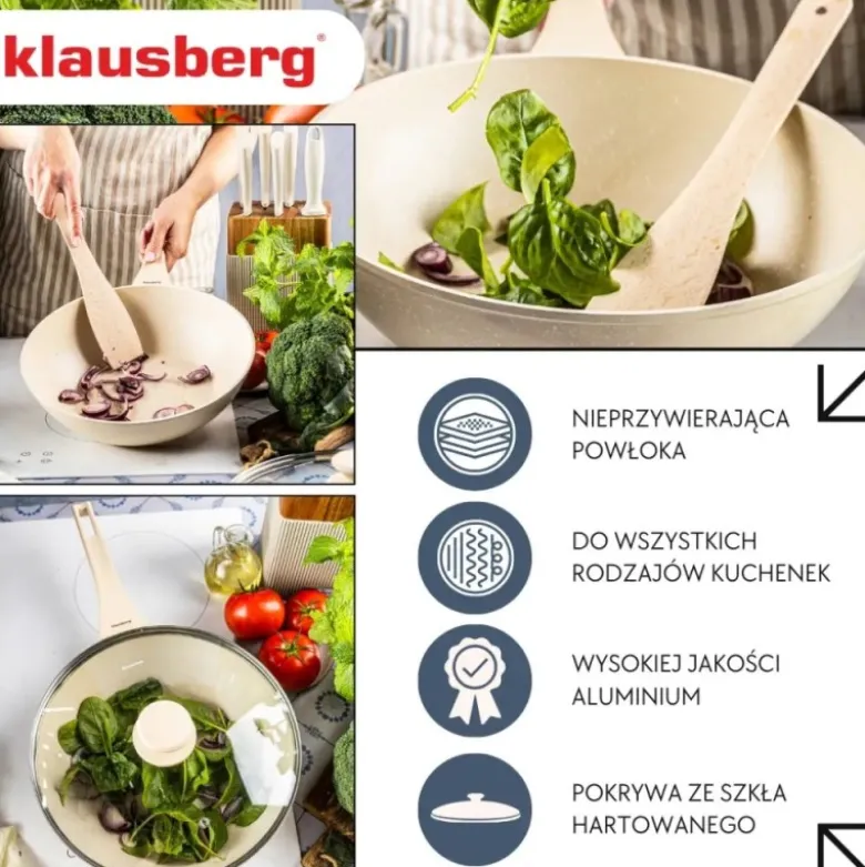 Patelnia WOK 28 cm z pokrywką i powłoką marmurową nieprzywierająca kremowa indukcja gaz Klausberg