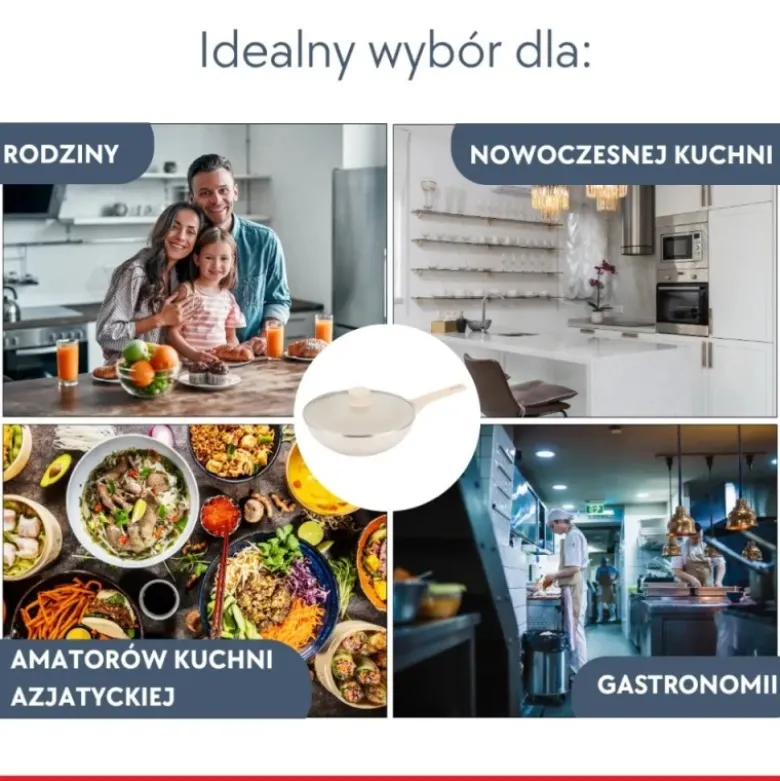 Patelnia WOK 28 cm z pokrywką i powłoką marmurową nieprzywierająca kremowa indukcja gaz Klausberg