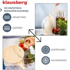 Patelnia WOK 28 cm z pokrywką i powłoką marmurową nieprzywierająca kremowa indukcja gaz Klausberg