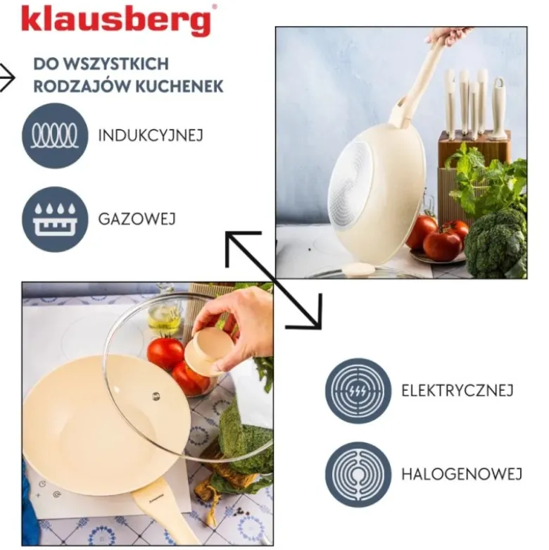 Patelnia WOK 28 cm z pokrywką i powłoką marmurową nieprzywierająca kremowa indukcja gaz Klausberg