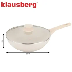 Patelnia WOK 28 cm z pokrywką i powłoką marmurową nieprzywierająca kremowa indukcja gaz Klausberg