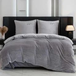 Pościel haftowana 200x220 mikrofibra "miś" Cotton World gruba 3 części 2879 szara
