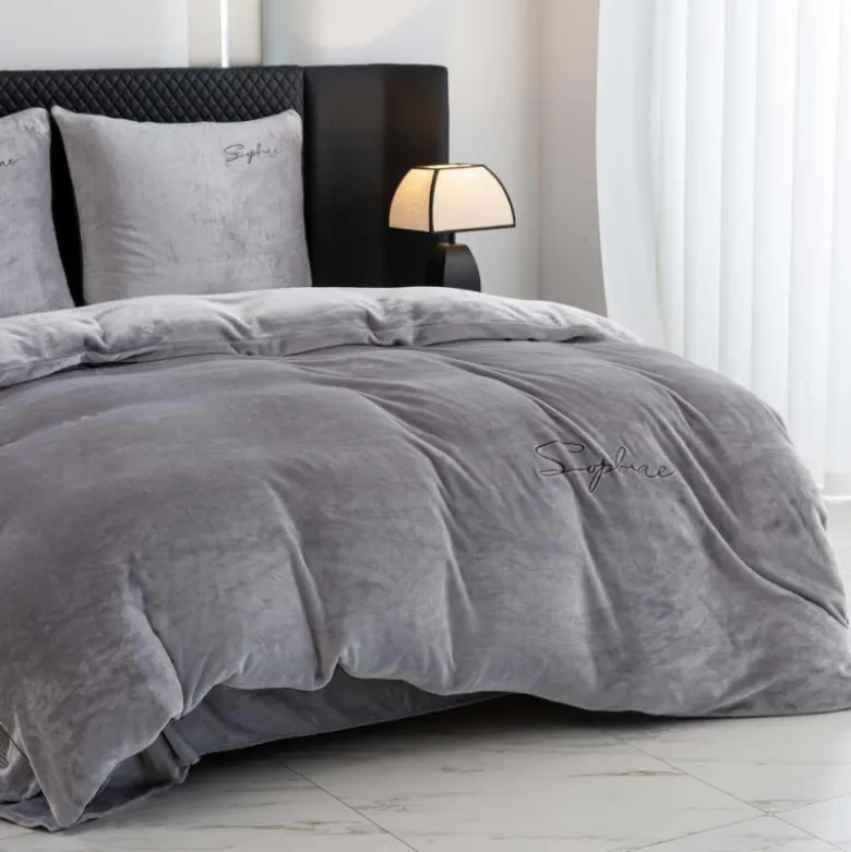 Pościel haftowana 200x220 mikrofibra "miś" Cotton World gruba 3 części 2879 szara