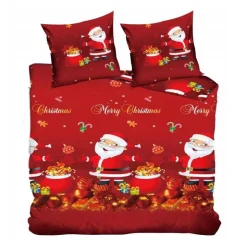Pościel świąteczna 160x200 bawełna satynowa dwustronna Fashion Home gruba 3 części A031 czerwona Mikołaj z prezentam