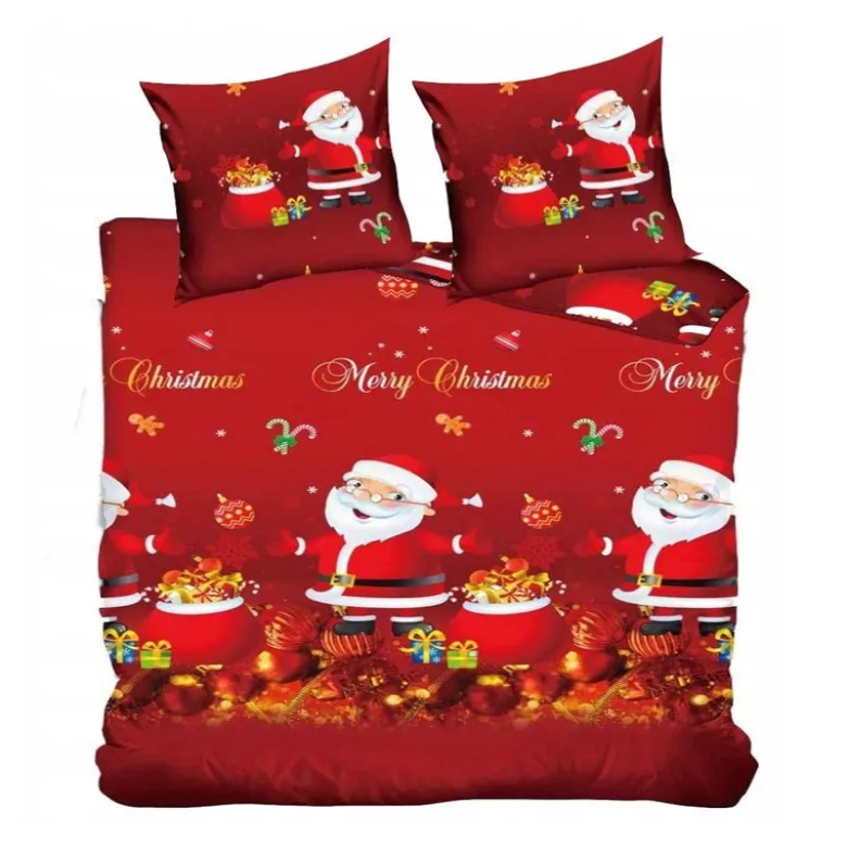 Pościel świąteczna 160x200 bawełna satynowa dwustronna Fashion Home gruba 3 części A031 czerwona Mikołaj z prezentam