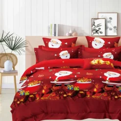 Pościel świąteczna 160x200 bawełna satynowa dwustronna Fashion Home gruba 3 części A031 czerwona Mikołaj z prezentam