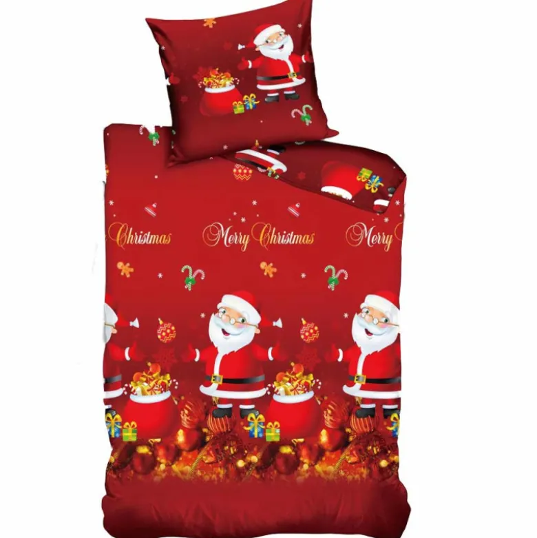 Pościel świąteczna 160x200 bawełna satynowa dwustronna Fashion Home gruba 3 części A031 czerwona Mikołaj z prezentam