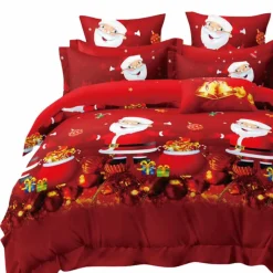 Pościel świąteczna 160x200 bawełna satynowa dwustronna Fashion Home gruba 3 części A031 czerwona Mikołaj z prezentam