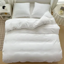 Pościel 140x200 adamaszek bawełna satynowa GierekHoff gruba 2 części GH 3037 hotelowa biała w paski
