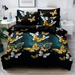 Pościel 160x200 bawełna satynowa 3D Cotton World gruba 3 części 1403 złote motyle