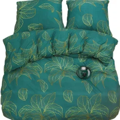 Pościel 160x200 bawełna satynowa dwustronna 3D GierekHoff gruba 3 części GH 3001 złote liście na zielonym tle