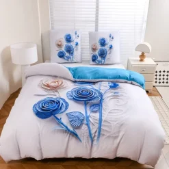 Pościel 200x220 bawełna satynowa wzór 5D dwustronna GierekHoff gruba 3 części GH 3130 Błękitny Quilling