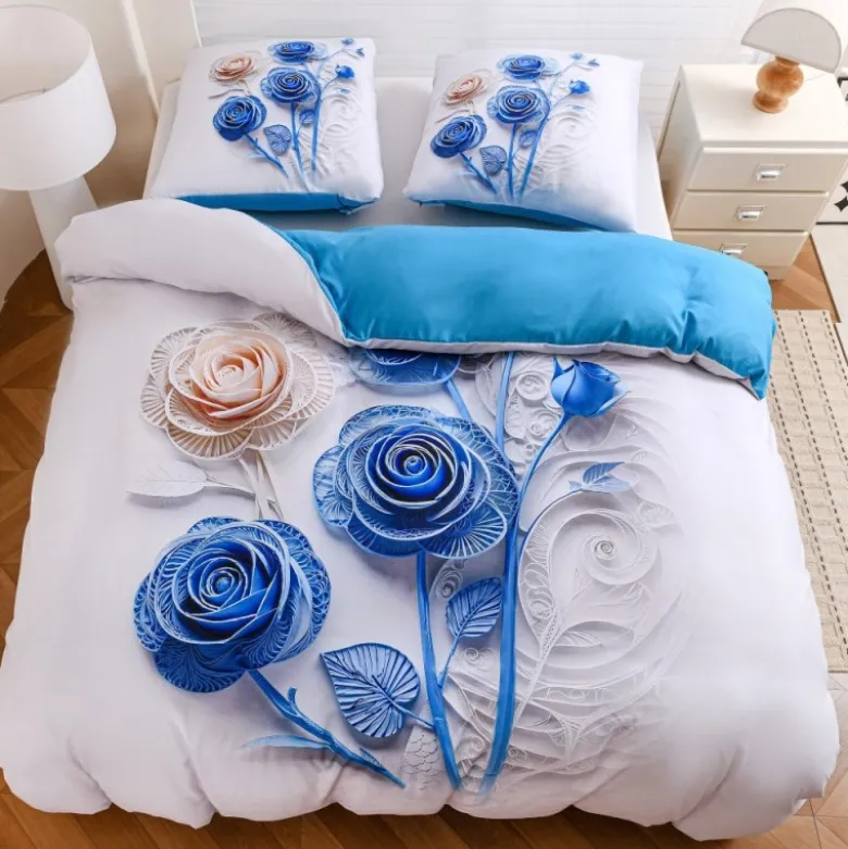 Pościel 160x200 bawełna satynowa wzór 5D dwustronna GierekHoff gruba 3 części GH 3130 Błękitny Quilling