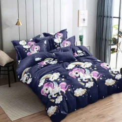 Pościel 160x200 dla dzieci bawełna satynowa 3D Cotton World gruba 3 części 2513 jednorożec granat