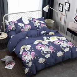 Pościel 160x200 dla dzieci bawełna satynowa 3D Cotton World gruba 3 części 2513 jednorożec granat