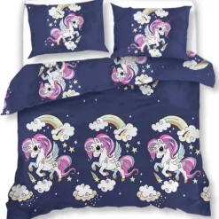 Pościel 160x200 dla dzieci bawełna satynowa 3D Cotton World gruba 3 części 2513 jednorożec granat