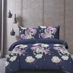 Pościel 160x200 dla dzieci bawełna satynowa 3D Cotton World gruba 3 części 2513 jednorożec granat