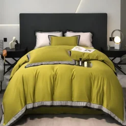 Pościel 200x220 luksusowa z falbanką w kratkę Cotton World gruba 3 części 2674 oliwkowa